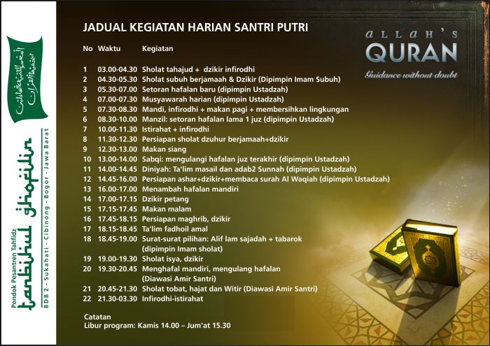 Jadual Kegiatan Harian Santri Putri
